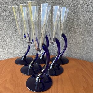 6 Cobalt Champagne Flutes,Vintage Barware, Blue Champagne Glasses,Gift for Her,